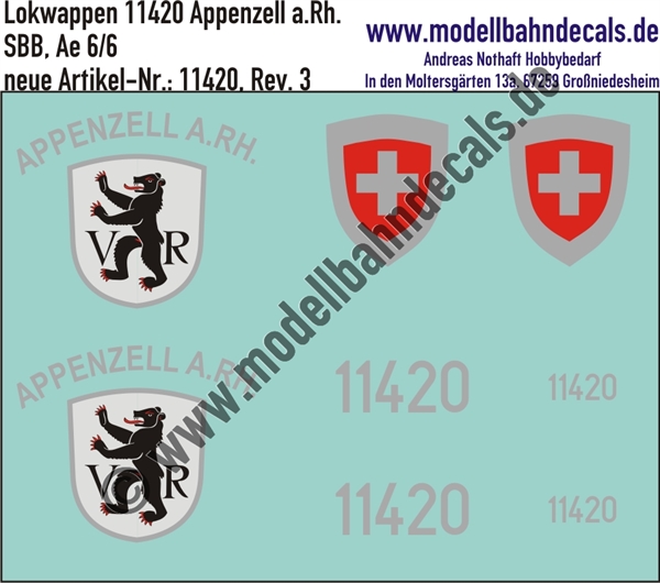 "Nass-Schiebebilder: Zusatzbeschriftung mit Wappen Lok 11420 Appenzell a. Rh. für Ae 6/6 der SBB, ab Epoche 3. Artikel-Nummer: 11420"