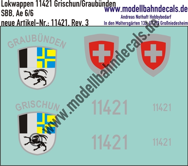 "Nass-Schiebebilder: Zusatzbeschriftung mit Wappen Lok 11421 Grischun/Graubünden für Ae 6/6 der SBB, ab Epoche 3. Artikel-Nummer: 11421"