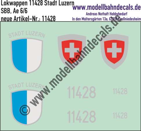 Nass-Schiebebilder: Zusatzbeschriftung mit Wappen Lok 11428 Stadt Luzern für Ae 6/6 der SBB, ab Epoche 3. Artikel-Nummer: 11428