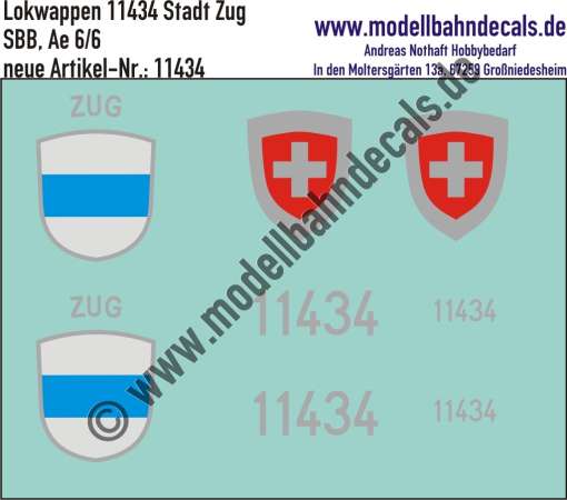 Nass-Schiebebilder: Zusatzbeschriftung mit Wappen Lok 11434 Stadt Zug für Ae 6/6 der SBB, ab Epoche 3. Artikel-Nummer: 11434