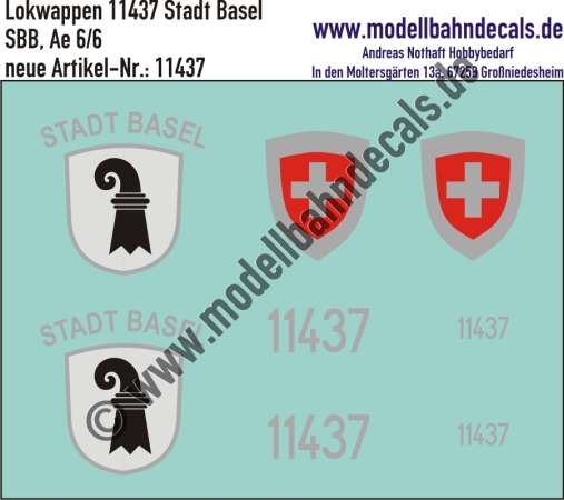 Nass-Schiebebilder: Zusatzbeschriftung mit Wappen Lok 11437 Stadt Basel für Ae 6/6 der SBB, ab Epoche 3. Artikel-Nummer: 11437