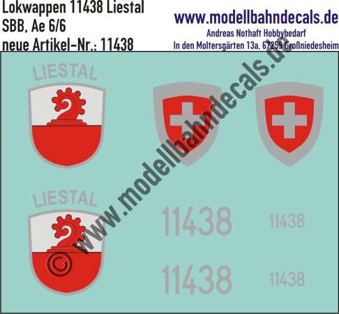 Nass-Schiebebilder: Zusatzbeschriftung mit Wappen Lok 11438 Liestal für Ae 6/6 der SBB, ab Epoche 3. Artikel-Nummer: 11438