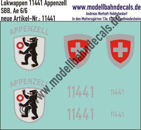 Nass-Schiebebilder: Zusatzbeschriftung mit Wappen Lok 11441 Appenzell für Ae 6/6 der SBB, ab Epoche 3. Artikel-Nummer: 11441