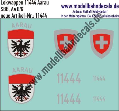 Nass-Schiebebilder: Zusatzbeschriftung mit Wappen Lok 11444 Aarau für Ae 6/6 der SBB, ab Epoche 3. Artikel-Nummer: 11444