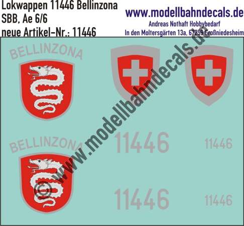 Nass-Schiebebilder: Zusatzbeschriftung mit Wappen Lok 11446 Bellinzona für Ae 6/6 der SBB, ab Epoche 3. Artikel-Nummer: 11446