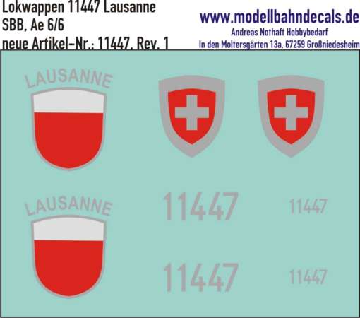 "Nass-Schiebebilder: Zusatzbeschriftung mit Wappen Lok 11447 Lausanne für Ae 6/6 der SBB, ab Epoche 3. Artikel-Nummer: 11447"