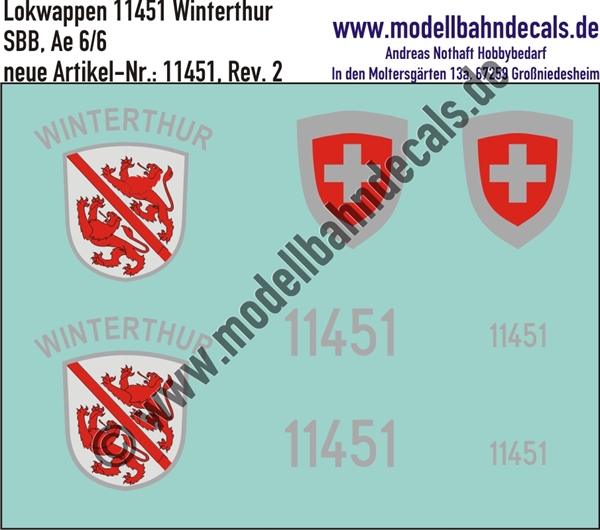 "Nass-Schiebebilder: Zusatzbeschriftung mit Wappen Lok 11451 Winterthur für Ae 6/6 der SBB, ab Epoche 3. Artikel-Nummer: 11451"