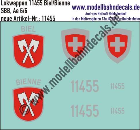 Nass-Schiebebilder: Zusatzbeschriftung mit Wappen Lok 11455 Biel/Bienne für Ae 6/6 der SBB, ab Epoche 3. Artikel-Nummer: 11455