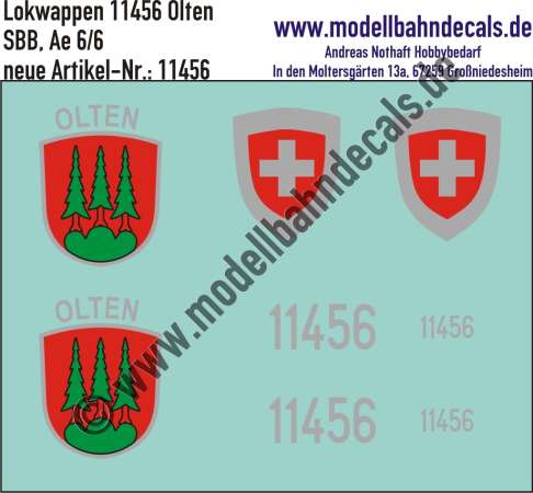 Nass-Schiebebilder: Zusatzbeschriftung mit Wappen Lok 11456 Olten für Ae 6/6 der SBB, ab Epoche 3. Artikel-Nummer: 11456