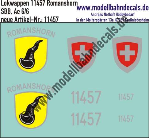 Nass-Schiebebilder: Zusatzbeschriftung mit Wappen Lok 11457 Romanshorn für Ae 6/6 der SBB, ab Epoche 3. Artikel-Nummer: 11457