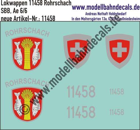 Nass-Schiebebilder: Zusatzbeschriftung mit Wappen Lok 11458 Rorschach für Ae 6/6 der SBB, ab Epoche 3. Artikel-Nummer: 11458