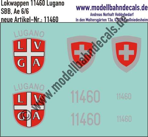 Nass-Schiebebilder: Zusatzbeschriftung mit Wappen Lok 11460 Lugano für Ae 6/6 der SBB, ab Epoche 3. Artikel-Nummer: 11460