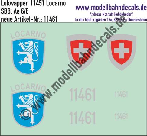 Nass-Schiebebilder: Zusatzbeschriftung mit Wappen Lok 11461 Locarno für Ae 6/6 der SBB, ab Epoche 3. Artikel-Nummer: 11461