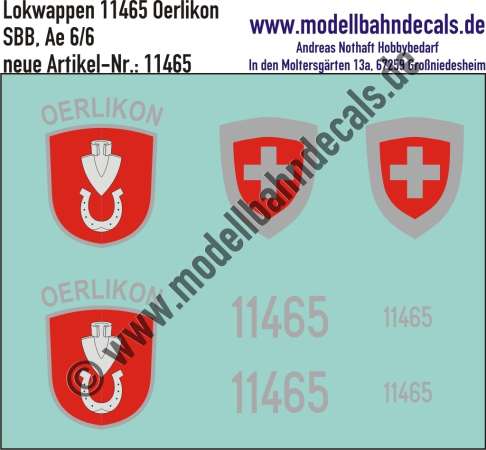 Nass-Schiebebilder: Zusatzbeschriftung mit Wappen Lok 11465 Oerlikon für Ae 6/6 der SBB, ab Epoche 3. Artikel-Nummer: 11465
