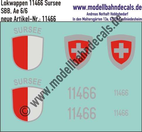 Nass-Schiebebilder: Zusatzbeschriftung mit Wappen Lok 11466 Sursee für Ae 6/6 der SBB, ab Epoche 3. Artikel-Nummer: 11466