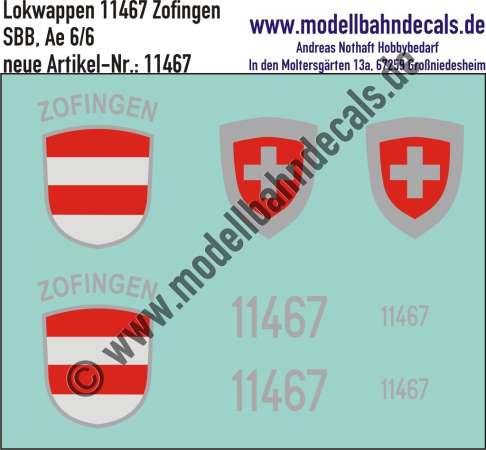 Nass-Schiebebilder: Zusatzbeschriftung mit Wappen Lok 11467 Zofingen für Ae 6/6 der SBB, ab Epoche 3. Artikel-Nummer: 11467