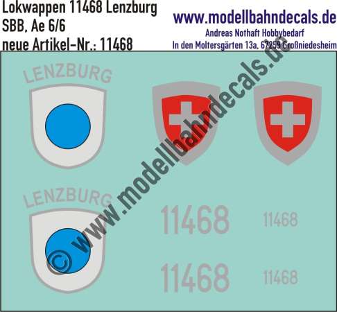 Nass-Schiebebilder: Zusatzbeschriftung mit Wappen Lok 11468 Lenzburg für Ae 6/6 der SBB, ab Epoche 3. Artikel-Nummer: 11468