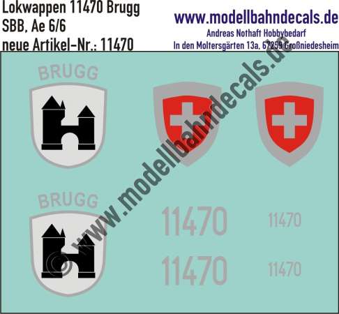 Nass-Schiebebilder: Zusatzbeschriftung mit Wappen Lok 11470 Brugg für Ae 6/6 der SBB, ab Epoche 3. Artikel-Nummer: 11470