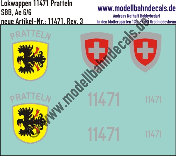 "Nass-Schiebebilder: Zusatzbeschriftung mit Wappen Lok 11471 Pratteln für Ae 6/6 der SBB, ab Epoche 3. Artikel-Nummer: 11471"