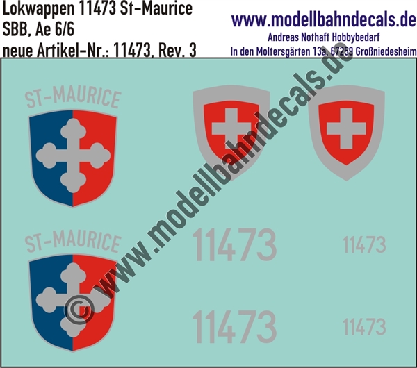"Nass-Schiebebilder: Zusatzbeschriftung mit Wappen Lok 11473 St. Maurice für Ae 6/6 der SBB, ab Epoche 3. Artikel-Nummer: 11473"