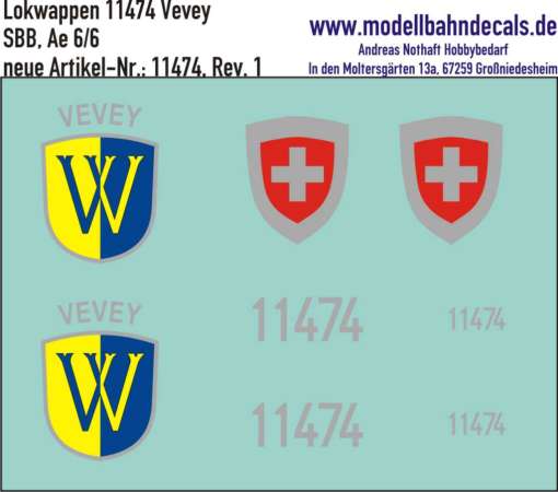 "Nass-Schiebebilder: Zusatzbeschriftung mit Wappen Lok 11474 Vevey für Ae 6/6 der SBB, ab Epoche 3. Artikel-Nummer: 11474"