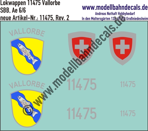 "Nass-Schiebebilder: Zusatzbeschriftung mit Wappen Lok 11475 Vallorbe für Ae 6/6 der SBB, ab Epoche 3. Artikel-Nummer: 11475"
