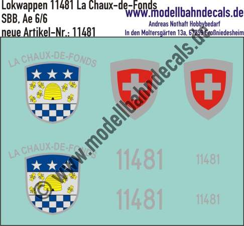 Nass-Schiebebilder: Zusatzbeschriftung mit Wappen Lok 11481 La Chaux-de-Fonds für Ae 6/6 der SBB, ab Epoche 3. Artikel-Nummer: 11481