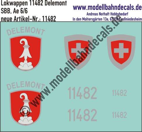 Nass-Schiebebilder: Zusatzbeschriftung mit Wappen Lok 11482 Delémont für Ae 6/6 der SBB, ab Epoche 3. Artikel-Nummer: 11482