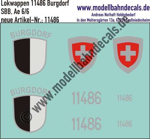Nass-Schiebebilder: Zusatzbeschriftung mit Wappen Lok 11486 Burgdorf für Ae 6/6 der SBB, ab Epoche 3. Artikel-Nummer: 11486