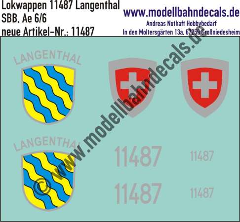 Nass-Schiebebilder: Zusatzbeschriftung mit Wappen Lok 11487 Langenthal für Ae 6/6 der SBB, ab Epoche 3. Artikel-Nummer: 11487