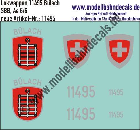 Nass-Schiebebilder: Zusatzbeschriftung mit Wappen Lok 11495 Bülach für Ae 6/6 der SBB, ab Epoche 3. Artikel-Nummer: 11495