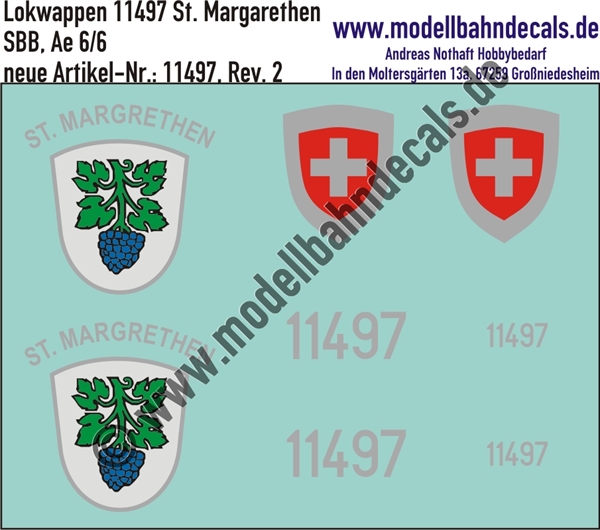 "Nass-Schiebebilder: Zusatzbeschriftung mit Wappen Lok 11497 St. Margarethen für Ae 6/6 der SBB, ab Epoche 3. Artikel-Nummer: 11497"