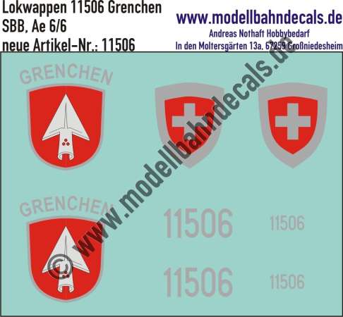 Nass-Schiebebilder: Zusatzbeschriftung mit Wappen Lok 11506 Grenchen für Ae 6/6 der SBB, ab Epoche 3. Artikel-Nummer: 11506