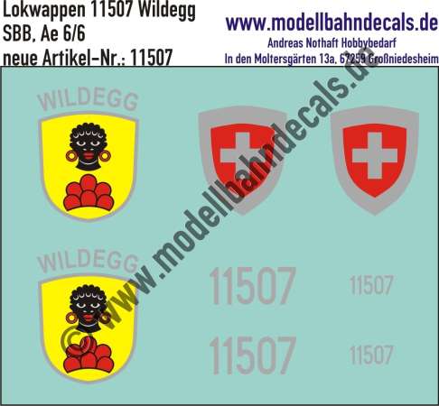 Nass-Schiebebilder: Zusatzbeschriftung mit Wappen Lok 11507 Wildegg für Ae 6/6 der SBB, ab Epoche 3. Artikel-Nummer: 11507