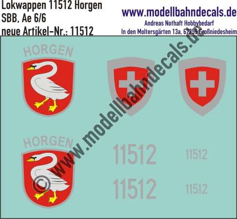 Nass-Schiebebilder: Zusatzbeschriftung mit Wappen Lok 11512 Horgen für Ae 6/6 der SBB, ab Epoche 3. Artikel-Nummer: 11512