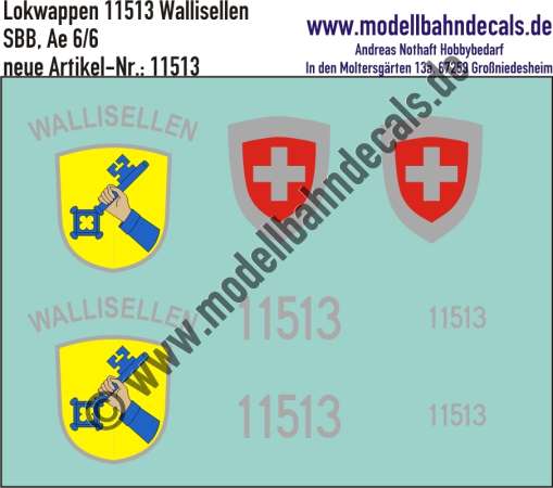 Nass-Schiebebilder: Zusatzbeschriftung mit Wappen Lok 11513 Wallisellen für Ae 6/6 der SBB, ab Epoche 3. Artikel-Nummer: 11513