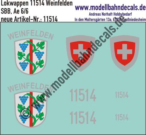 Nass-Schiebebilder: Zusatzbeschriftung mit Wappen Lok 11514 Weinfelden für Ae 6/6 der SBB, ab Epoche 3. Artikel-Nummer: 11514