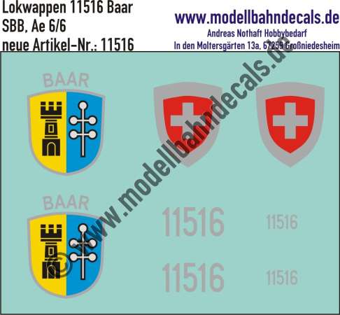 Nass-Schiebebilder: Zusatzbeschriftung mit Wappen Lok 11516 Baar für Ae 6/6 der SBB, ab Epoche 3. Artikel-Nummer: 11516