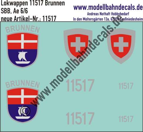 Nass-Schiebebilder: Zusatzbeschriftung mit Wappen Lok 11517 Brunnen für Ae 6/6 der SBB, ab Epoche 3. Artikel-Nummer: 11517