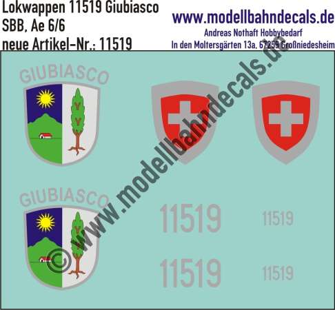 Nass-Schiebebilder: Zusatzbeschriftung mit Wappen Lok 11519 Giubiasco für Ae 6/6 der SBB, ab Epoche 3. Artikel-Nummer: 11519