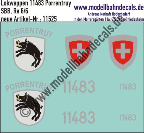 Nass-Schiebebilder: Zusatzbeschriftung mit Wappen Lok 11483 Porrentruy für Ae 6/6 der SBB, ab Epoche 3. Artikel-Nummer: 11525