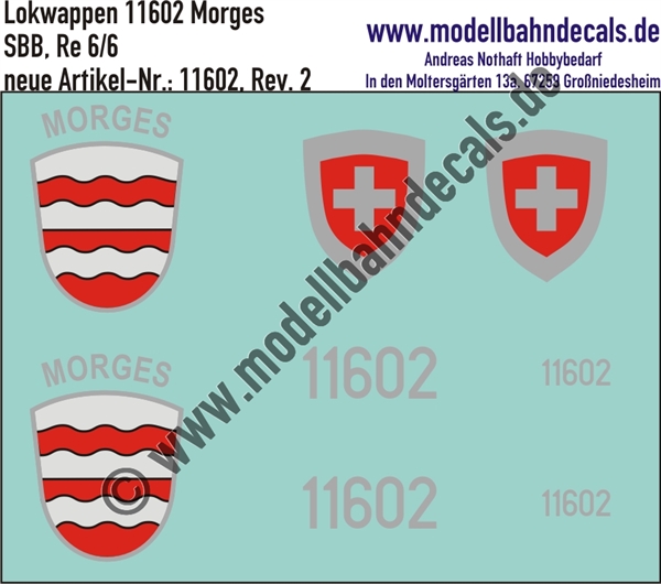 "Nass-Schiebebilder: Zusatzbeschriftung mit Wappen Lok 11602 Morges für Re 6/6 der SBB, ab Epoche 3. Artikel-Nummer: 11602"