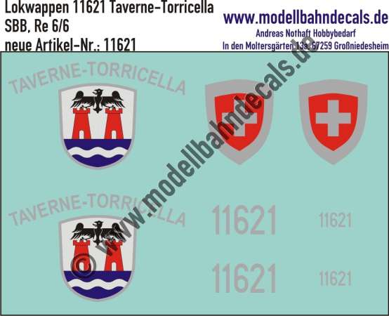 Nass-Schiebebilder: Zusatzbeschriftung mit Wappen Lok 11621 Taverne-Torricella für Re 6/6 der SBB, ab Epoche 3. Artikel-Nummer: 11621