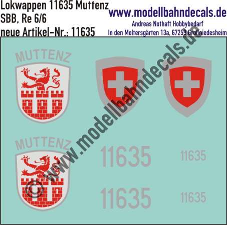 Nass-Schiebebilder: Zusatzbeschriftung mit Wappen Lok 11635 Muttenz für Re 6/6 der SBB, ab Epoche 3. Artikel-Nummer: 11635