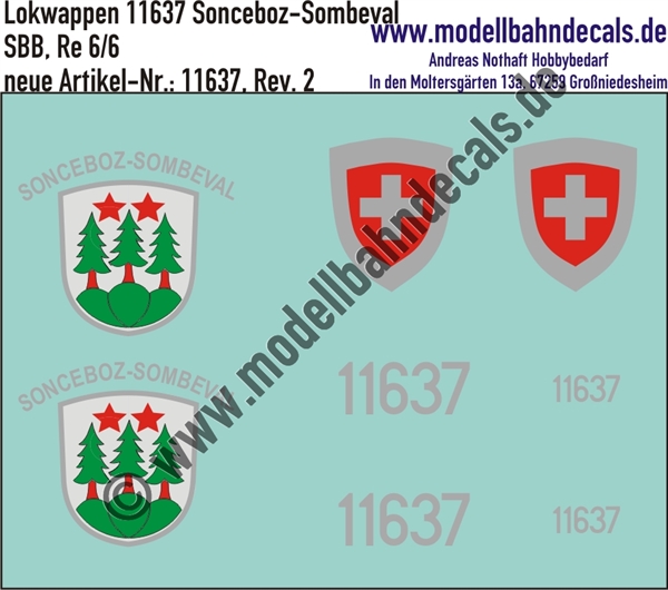 "Nass-Schiebebilder: Zusatzbeschriftung mit Wappen Lok 11637 Sonceboz-Sombeval für Re 6/6 der SBB, ab Epoche 3. Artikel-Nummer: 11637"