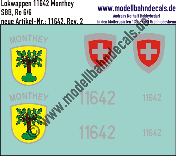 "Nass-Schiebebilder: Zusatzbeschriftung mit Wappen Lok 11642 Monthey für Re 6/6 der SBB, ab Epoche 3. Artikel-Nummer: 11642"