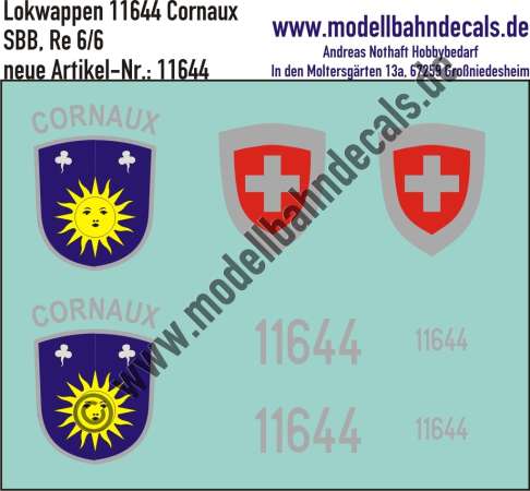 Nass-Schiebebilder: Zusatzbeschriftung mit Wappen Lok 11644 Cornaux für Re 6/6 der SBB, ab Epoche 3. Artikel-Nummer: 11644