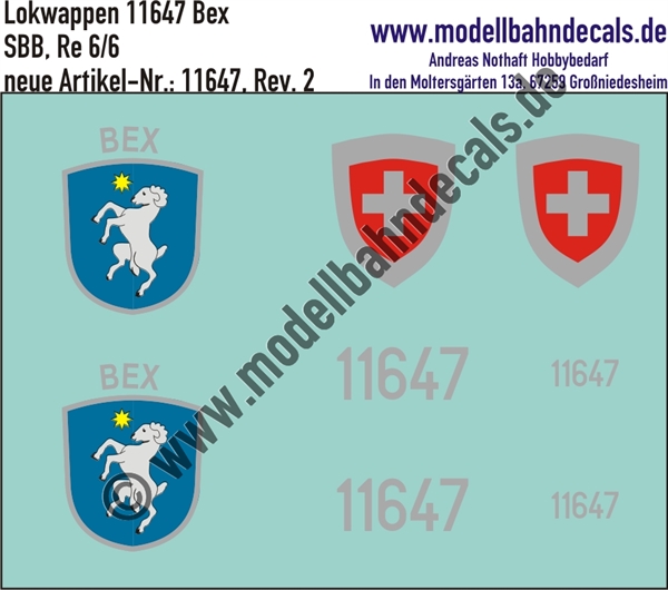 "Nass-Schiebebilder: Zusatzbeschriftung mit Wappen Lok 11647 Bex für Re 6/6 der SBB, ab Epoche 3. Artikel-Nummer: 11647"
