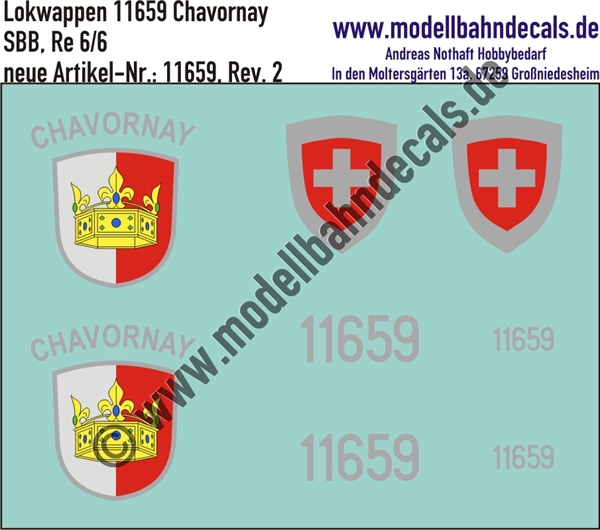 "Nass-Schiebebilder: Zusatzbeschriftung mit Wappen Lok 11659 Chavornay für Re 6/6 der SBB, ab Epoche 3. Artikel-Nummer: 11659"