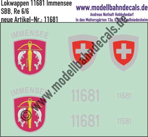 Nass-Schiebebilder: Zusatzbeschriftung mit Wappen Lok 11681 Immensee für Re 6/6 der SBB, ab Epoche 3. Artikel-Nummer: 11681